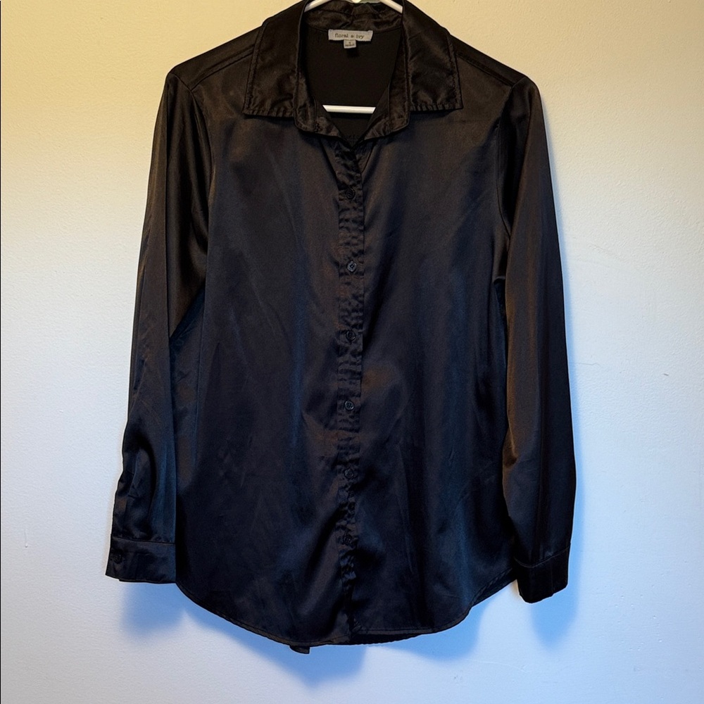 Black Satin Button-Up Shirt